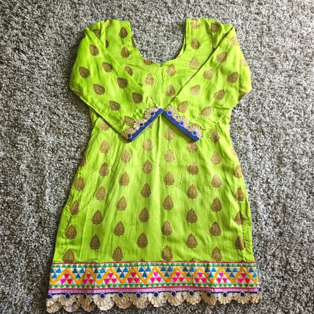 Vibrant Green Embroidered Indian Pakistani Tunic Dress Top Kurta Kameez Cultural